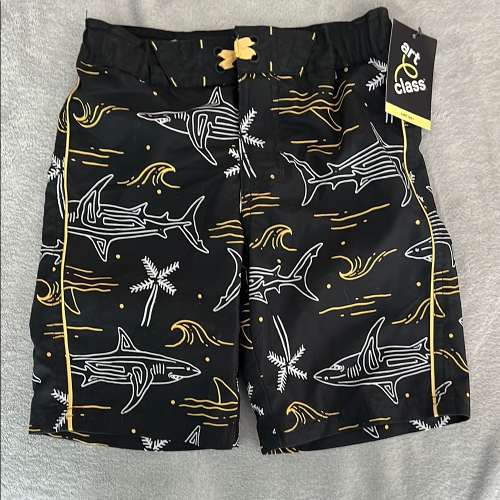 Boys Black Shark Print Swim Shorts Size 7